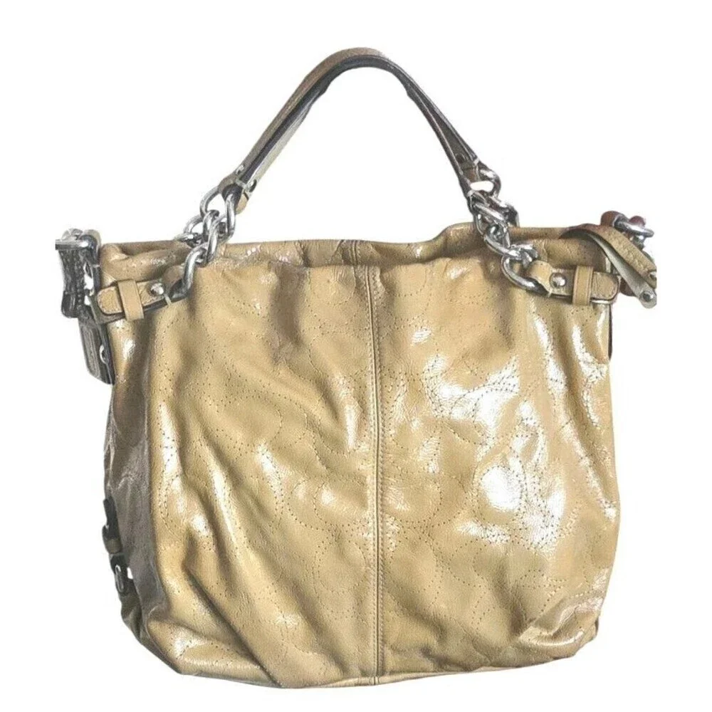 Coach Perforated Patent Leather Shoulder Bag Brook Putty